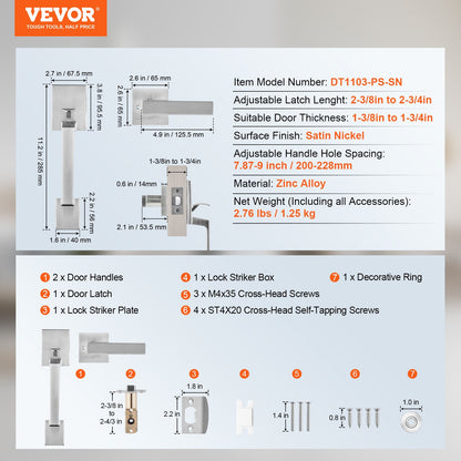 VEVOR Entry Door Handle, Satin Nickel Square Handle Set with Lever Door Handle No Lock, Adjustable Hole Space, Front Door Handle with Reversible for Right and Left Handed Entrance and Front Door