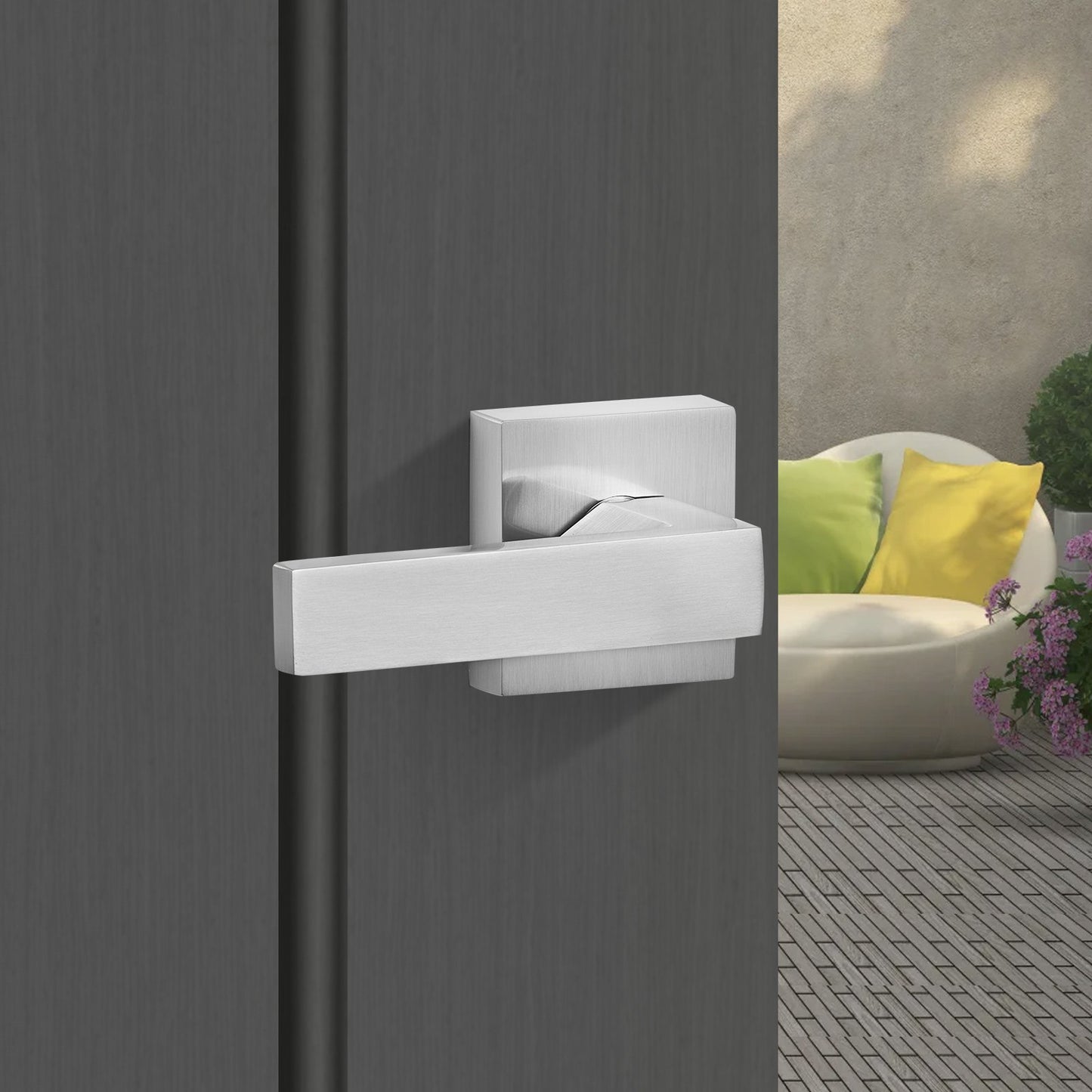 VEVOR Entry Door Handle, Satin Nickel Square Handle Set with Lever Door Handle No Lock, Adjustable Hole Space, Front Door Handle with Reversible for Right and Left Handed Entrance and Front Door