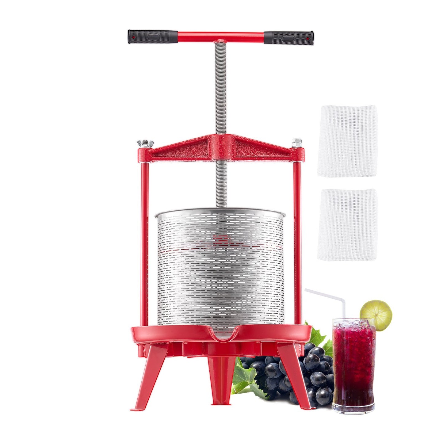 VEVOR 3.69 Gal/14L Fruit Wine Press, Stainless Steel Basket with Cross-beam and Triangular Structure, Manual Juice Maker, Cider Apple Grape Tincture Making Press with T-Handle for Kitchen Home