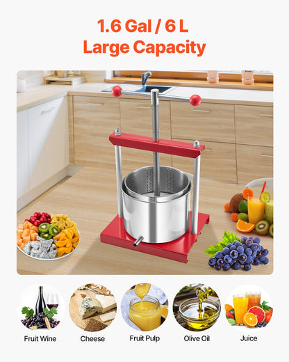 VEVOR Fruit Wine Press Manual Press for Wine Making 1.6 Gal/6L Stainless Steel