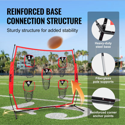 VEVOR 8 x 8 ft Football Trainer Throwing Net, Training Throwing Target Practice Net with 5 Target Pockets, Knotless Net Includes Bow Frame and Portable Carry Case, Improve QB Throwing Accuracy, Red