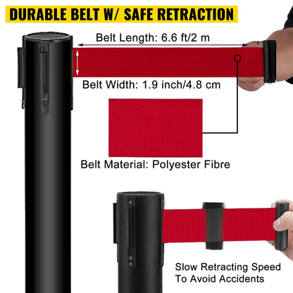 VEVOR Stanchion Post Barriers 4-Set Line Dividers, Stainless Steel Stanchions with 6.6 Black Retractable Belts, Stanchions with One Sign Frame, 34.6 Queue Safety Stanchions (Balck)
