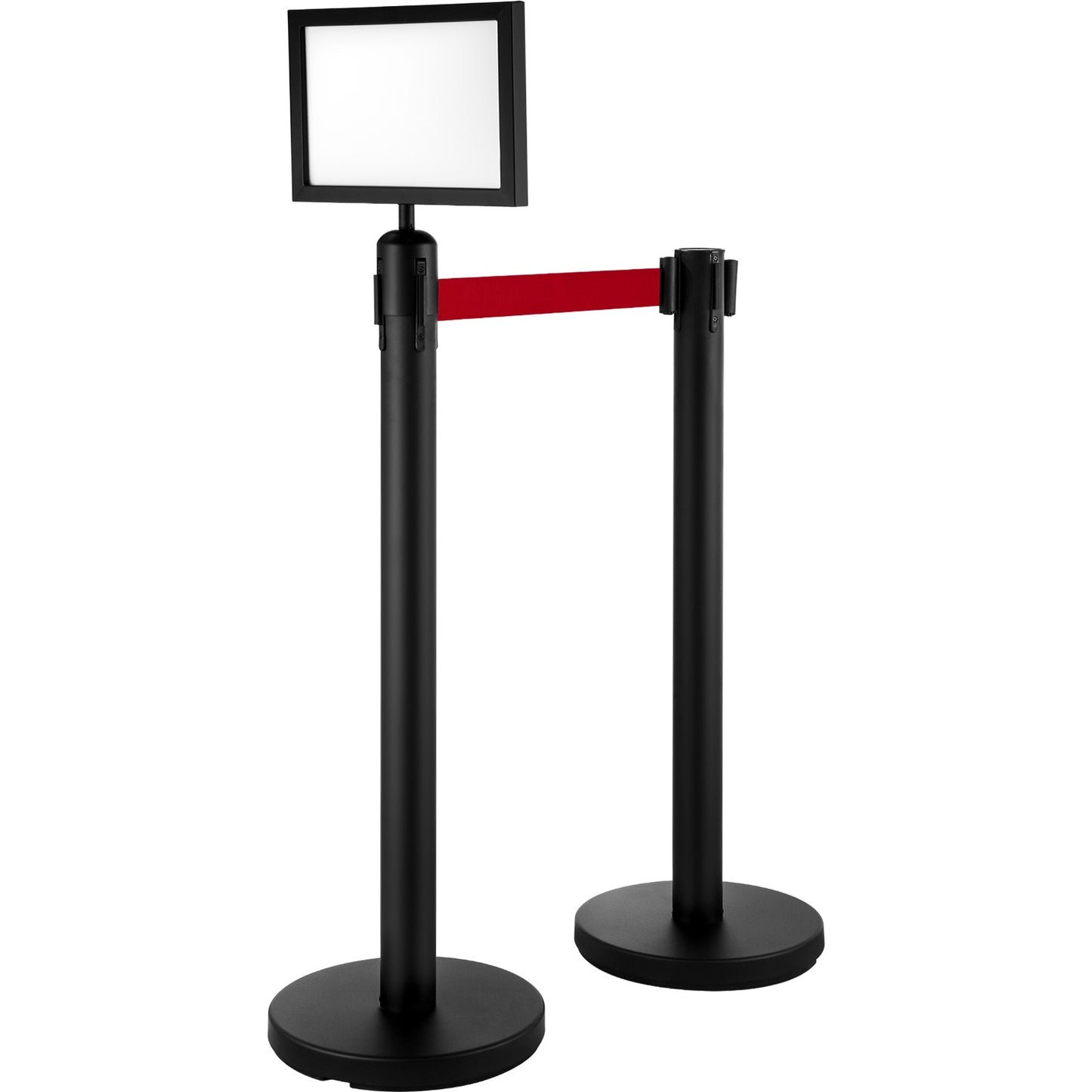 VEVOR Stanchion Post Barriers 4-Set Line Dividers, Stainless Steel Stanchions with 6.6 Black Retractable Belts, Stanchions with One Sign Frame, 34.6 Queue Safety Stanchions (Balck)