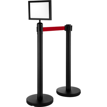 VEVOR Stanchion Post Barriers 4-Set Line Dividers, Stainless Steel Stanchions with 6.6 Black Retractable Belts, Stanchions with One Sign Frame, 34.6 Queue Safety Stanchions (Balck)