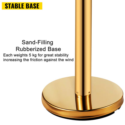 VEVOR Stanchion Post Barriers 6-Set Line Dividers, Stainless Steel Stanchions with 6.6 Red Retractable Belts, Stanchions with One Sign Frame, 34.6 Queue Safety Stanchions (Gold)