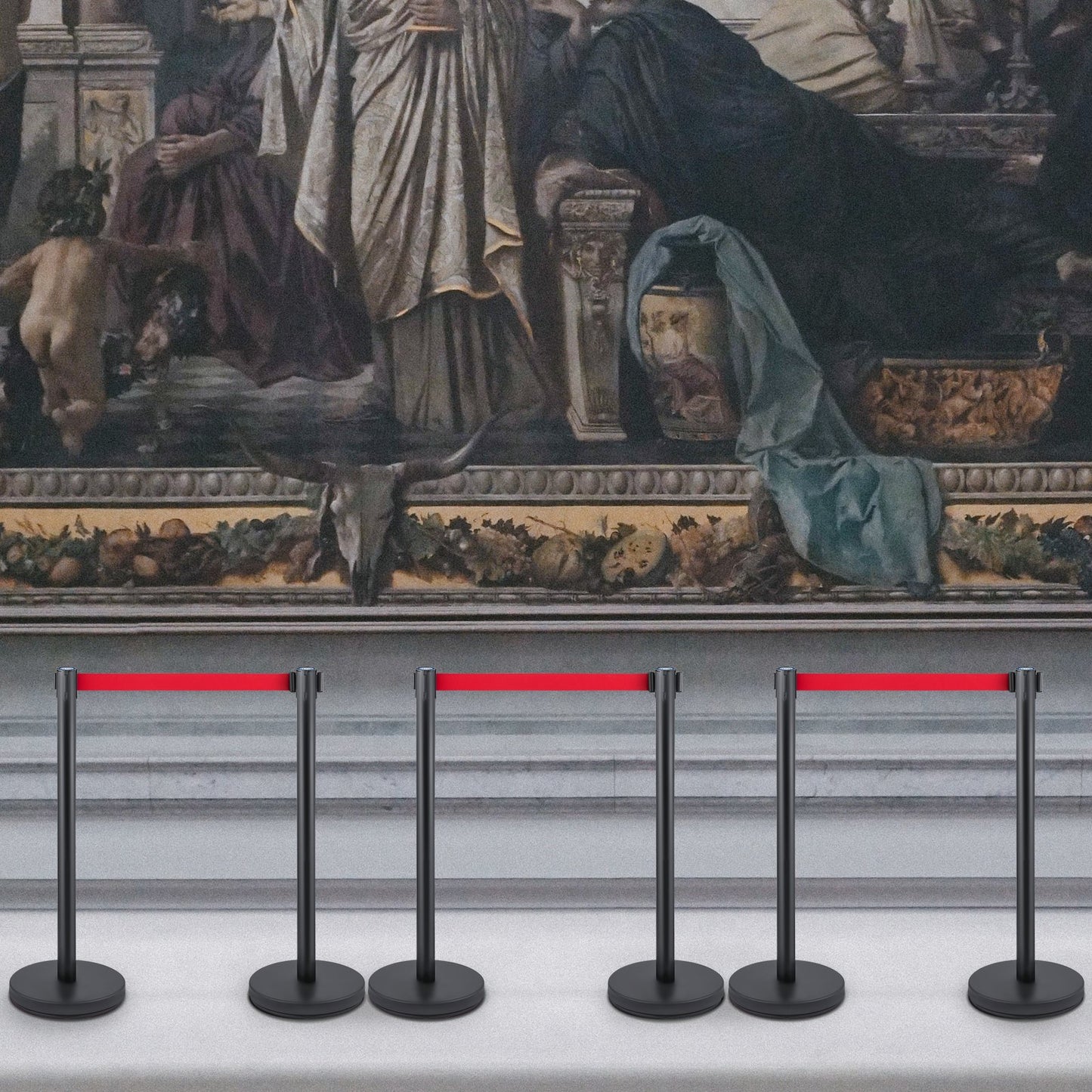 VEVOR Crowd Control Stanchion, Set of 6 Pieces Stanchion Set, Stanchion Set with 6.6 ft/2 m Red Retractable Belt, Crowd Control Barrier with Rubber Base – Easy Connect Assembly for Crowd Control (Black)