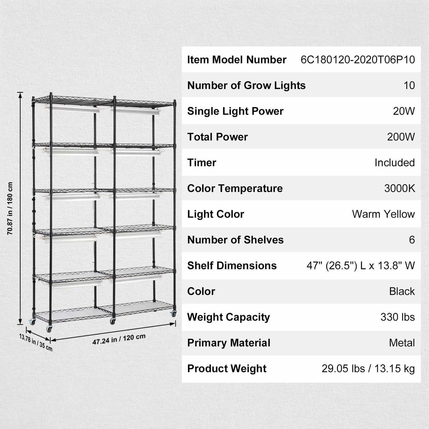 VEVOR Plant Stand with Grow Light 6 Tiers 200W 59.1" Indoor Plant Grow Shelf