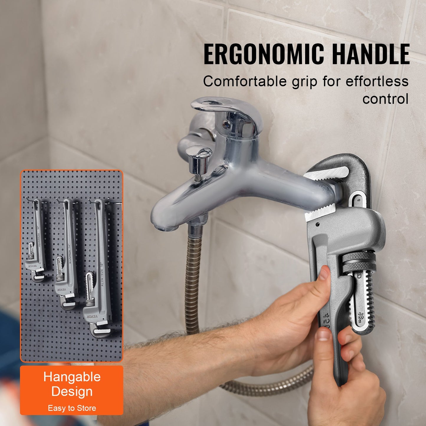 VEVOR 3-Piece Pipe Wrench Set, 10" 14" 18" Aluminum Straight Pipe Wrench, Adjustable Plumbing Wrench, with High Strength Jaw and Ergonomic Handle, Hangable Design, for Water Pipes, Automotive Repairs