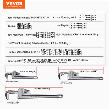 VEVOR 3-Piece Pipe Wrench Set, 10" 14" 18" Aluminum Straight Pipe Wrench, Adjustable Plumbing Wrench, with High Strength Jaw and Ergonomic Handle, Hangable Design, for Water Pipes, Automotive Repairs