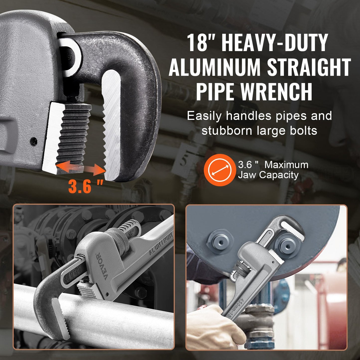 VEVOR Pipe Wrench, 18" Aluminum Straight Pipe Wrench, Adjustable Plumbing Wrench, with High Strength Jaw and Ergonomic Handle, Easy to Carry, Hangable Design, for Water Pipes, Automotive Repairs