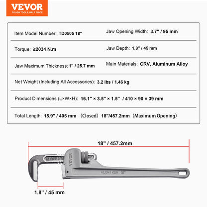 VEVOR Pipe Wrench, 18" Aluminum Straight Pipe Wrench, Adjustable Plumbing Wrench, with High Strength Jaw and Ergonomic Handle, Easy to Carry, Hangable Design, for Water Pipes, Automotive Repairs