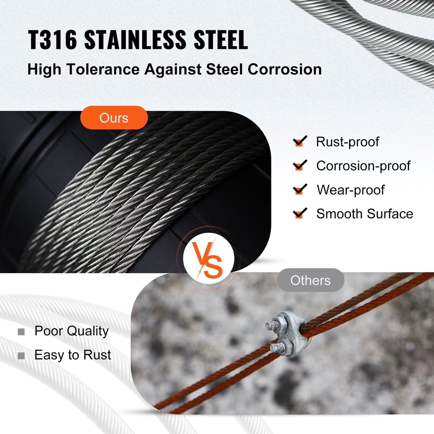 VEVOR Stainless Steel Cable Railing 3/16" x 1000ft, Wire Rope 316 Marine Grade, Braided Aircraft Cable 1x19 Strands Construction for Deck,Rail,Balusters,Stair,Handrail,Porch,Fence