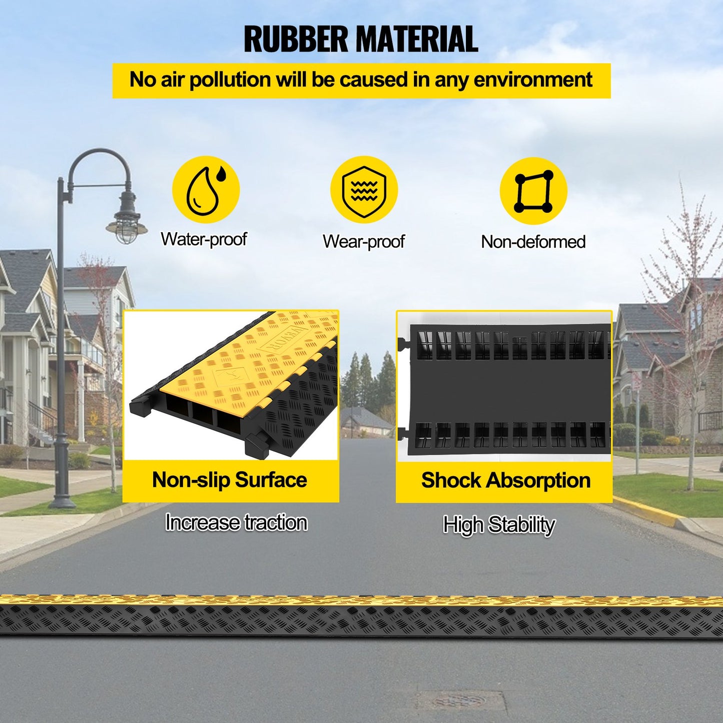 VEVOR Rubber Cable Guard, 3-Channel, 2 x 2.3 in - Durable Cord Protection Ramp for Driveways, 6600 lbs Capacity