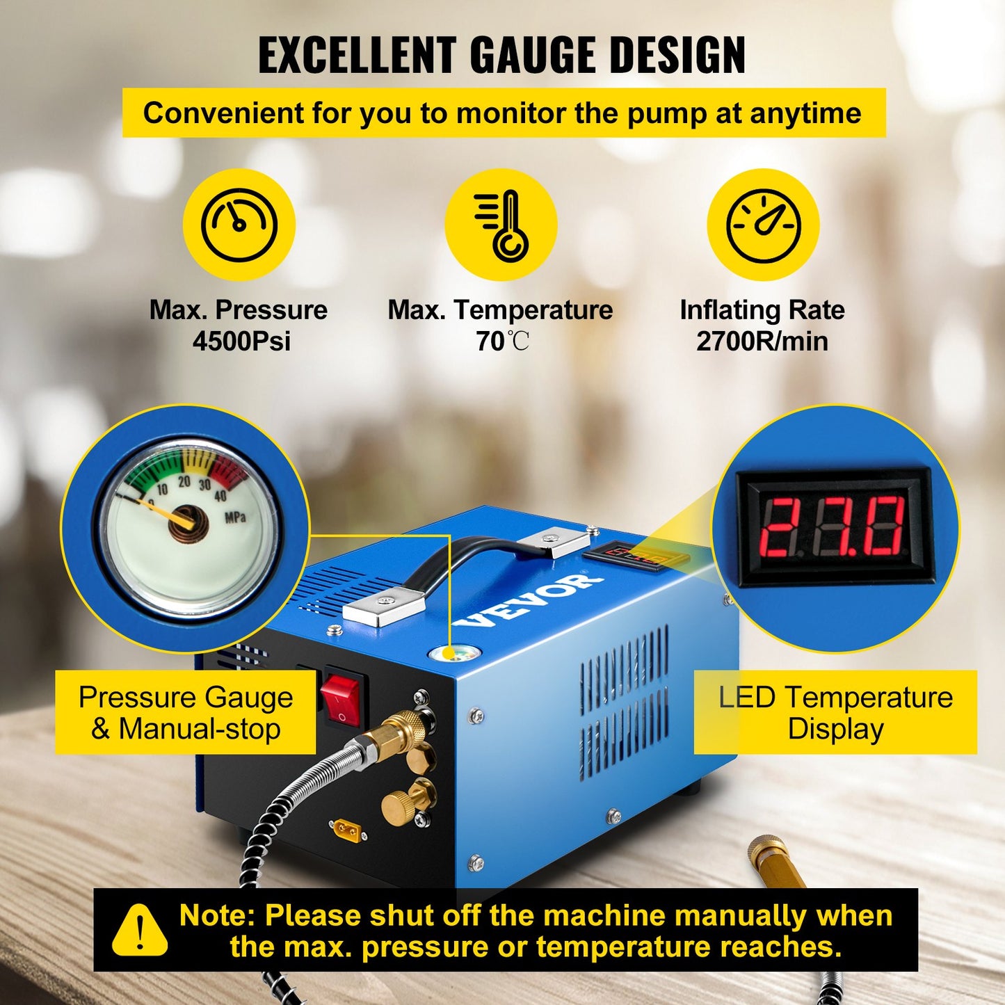 VEVOR PCP Air Compressor Scuba Compressor 4500PSI Manual-Stop 12V/220V w/Adapter