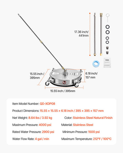 VEVOR 15" Pressure Washer Surface Cleaner 4 Wheels 4000 Max PSI 2 Extended Wands