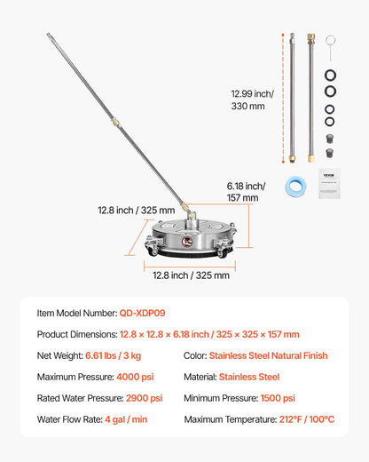 VEVOR 14" Pressure Washer Surface Cleaner, Stainless Steel Pressure Washer Attachments with 4 Wheels, 4000 Max PSI, 1/4 Quick Connector, 2 Spray Nozzles, 2 Extended Wands for Concrete, Patio, Deck