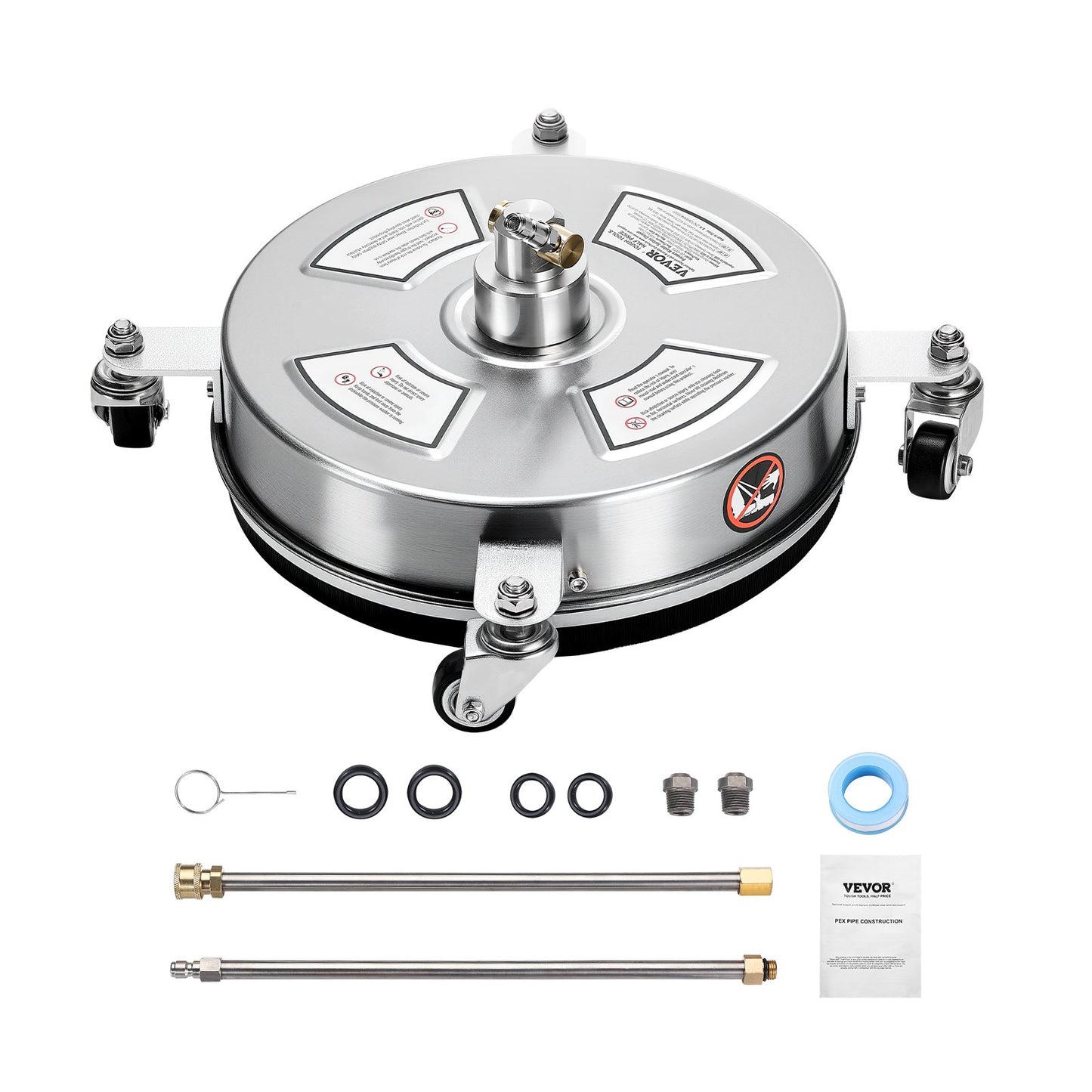 VEVOR 14" Pressure Washer Surface Cleaner, Stainless Steel Pressure Washer Attachments with 4 Wheels, 4000 Max PSI, 1/4 Quick Connector, 2 Spray Nozzles, 2 Extended Wands for Concrete, Patio, Deck