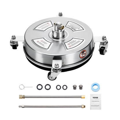 VEVOR 14" Pressure Washer Surface Cleaner, Stainless Steel Pressure Washer Attachments with 4 Wheels, 4000 Max PSI, 1/4 Quick Connector, 2 Spray Nozzles, 2 Extended Wands for Concrete, Patio, Deck