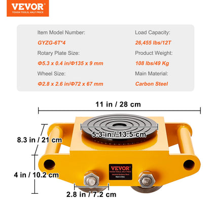 VEVOR 4PCS Machinery Skate Dolly Mover Skate 26455LBS/12T 4 Carbon Steel Wheels