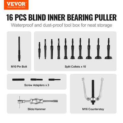 VEVOR Blind Hole Collet Bearing Race and Seal Puller Extractor Kit, Slide Hammer Pilot Insert Inner Internal Bearing Removal Tool Set, 10 Adjustable Collects and Counterstay, 16 PCS