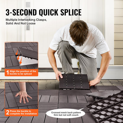 VEVOR Interlocking Deck Tiles 54 Pack 12"x12" Waterproof for Porch Dark Brown