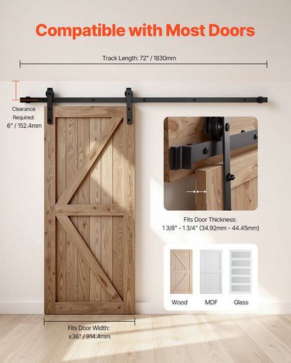 VEVOR 1830 mm Sliding Barn Door Hardware Kit for Single Sliding Barn Door Black