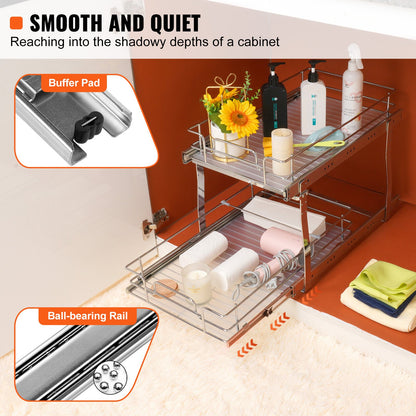 VEVOR 2-Tier Wire Pull Out Cabinet Under Sink Organizer 14x21 Inch Drawer Basket
