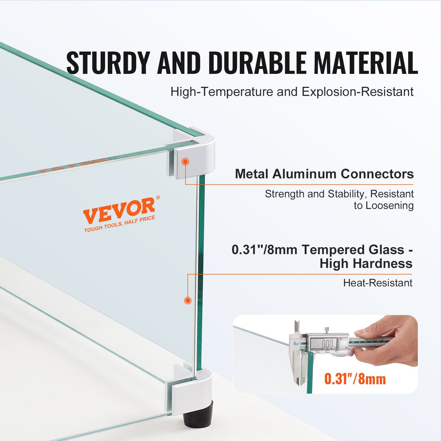 VEVOR Glass Wind Guard for Rectangular Fire Pit Table 773 x 367 x 191 mm, 8mm Thick and Sturdy Tempered Glass Panel with Hard Aluminum Corner Bracket & Rubber Feet, Easy to Assemble