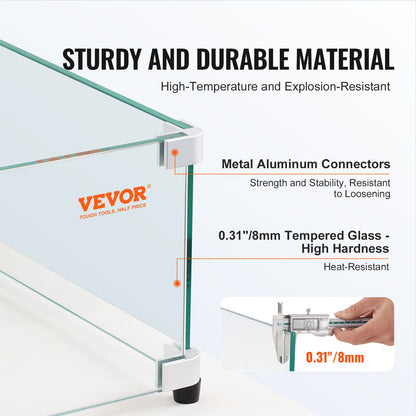 VEVOR Glass Wind Guard for Rectangular Fire Pit Table 773 x 367 x 191 mm, 8mm Thick and Sturdy Tempered Glass Panel with Hard Aluminum Corner Bracket & Rubber Feet, Easy to Assemble