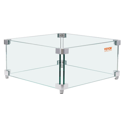 VEVOR Gas Fire Pit Wind Guard for Square Fire Table, 380 x 380 x 180 mm Clear Tempered Wind Guard for Firepits, 8mm Thick Square Glass Shield, Glass Panel with Hard Corner Bracket & Feet