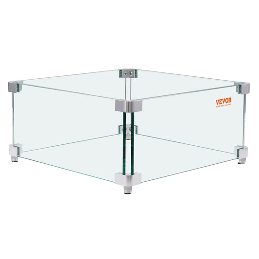 VEVOR Gas Fire Pit Wind Guard for Square Fire Table, 380 x 380 x 180 mm Clear Tempered Wind Guard for Firepits, 8mm Thick Square Glass Shield, Glass Panel with Hard Corner Bracket & Feet