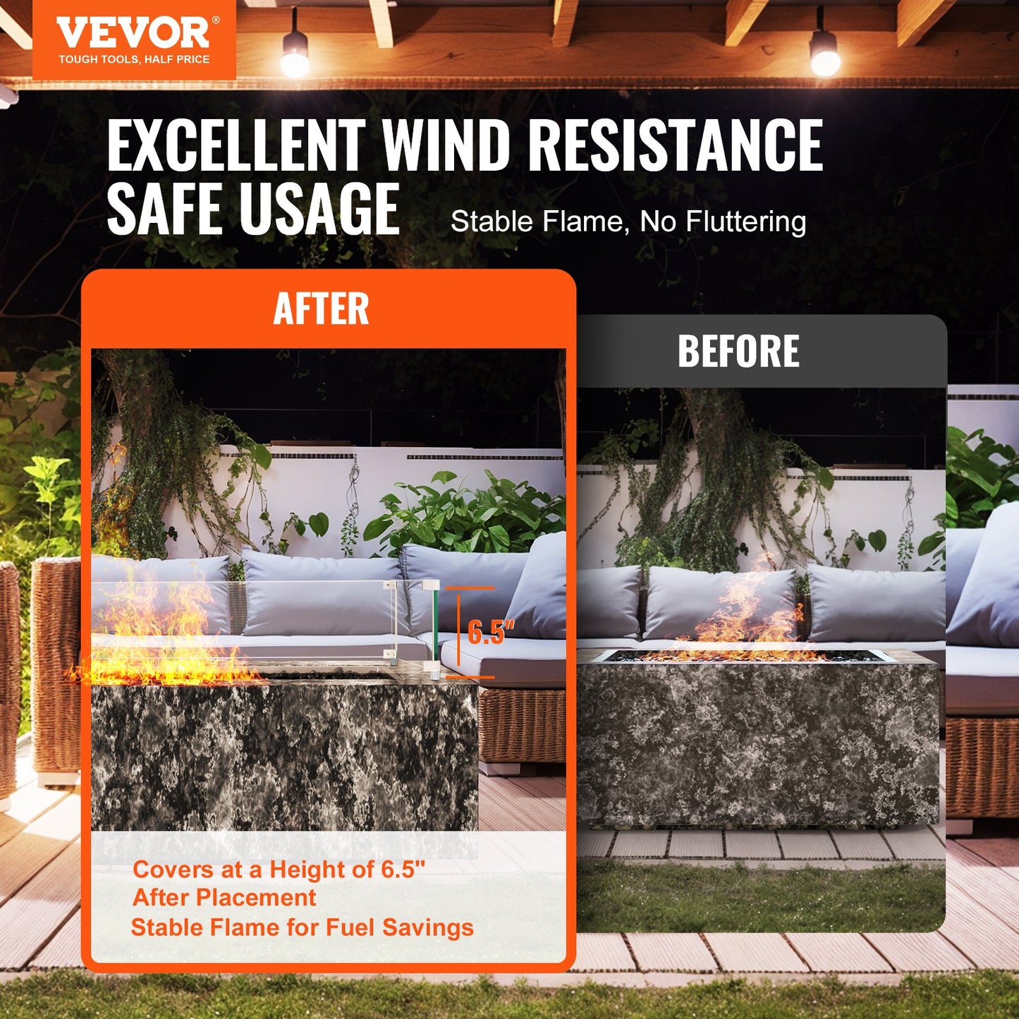 VEVOR Gas Fire Pit Wind Guard for Square Fire Table, 595 x 190 x 165 mm Clear Tempered Wind Guard for Firepits, 8mm Thick Square Glass Shield, Glass Panel with Hard Corner Bracket & Feet