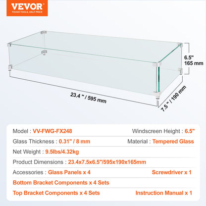 VEVOR Gas Fire Pit Wind Guard for Square Fire Table, 595 x 190 x 165 mm Clear Tempered Wind Guard for Firepits, 8mm Thick Square Glass Shield, Glass Panel with Hard Corner Bracket & Feet