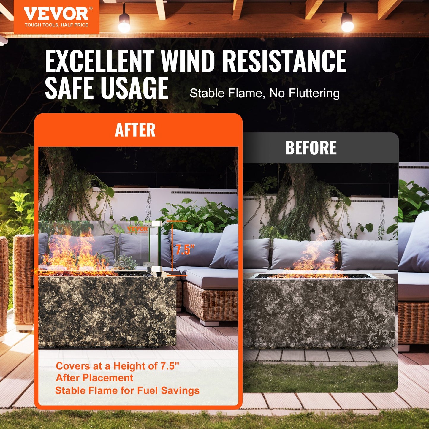 VEVOR Gas Fire Pit Wind Guard for Square Fire Table, 543 x 543 x 191 mm Clear Tempered Wind Guard for Firepits, 8mm Thick Square Glass Shield, Glass Panel with Hard Corner Bracket & Feet