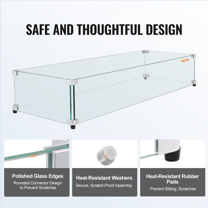 VEVOR Glass Wind Guard for Rectangular Fire Pit Table 748 x 340 x 165 mm, 8mm Thick and Sturdy Tempered Glass Panel with Hard Aluminum Corner Bracket & Rubber Feet, Easy to Assemble