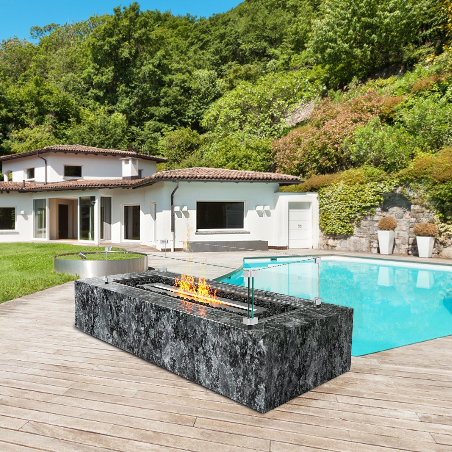 VEVOR Glass Wind Guard for Rectangular Fire Pit Table 748 x 340 x 165 mm, 8mm Thick and Sturdy Tempered Glass Panel with Hard Aluminum Corner Bracket & Rubber Feet, Easy to Assemble