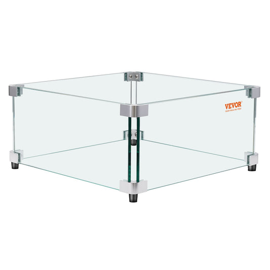 VEVOR Gas Fire Pit Wind Guard for Square Fire Table, 493 x 493 x 191 mm Clear Tempered Wind Guard for Firepits, 8mm Thick Square Glass Shield, Glass Panel with Hard Corner Bracket & Feet