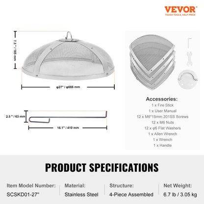 VEVOR Fire Pit Spark Screen Round 27", Reinforced Heavy Duty Steel Metal Cover, Outdoor Firepit Lid, Easy-Opening Top Screen Covers Round with Ring Handle for Outdoor Patio Fire Pits Backyard