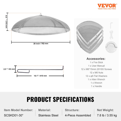 VEVOR Fire Pit Spark Screen Round 30", Reinforced Heavy Duty Steel Metal Cover, Outdoor Firepit Lid, Easy-Opening Top Screen Covers Round with Ring Handle for Outdoor Patio Fire Pits Backyard