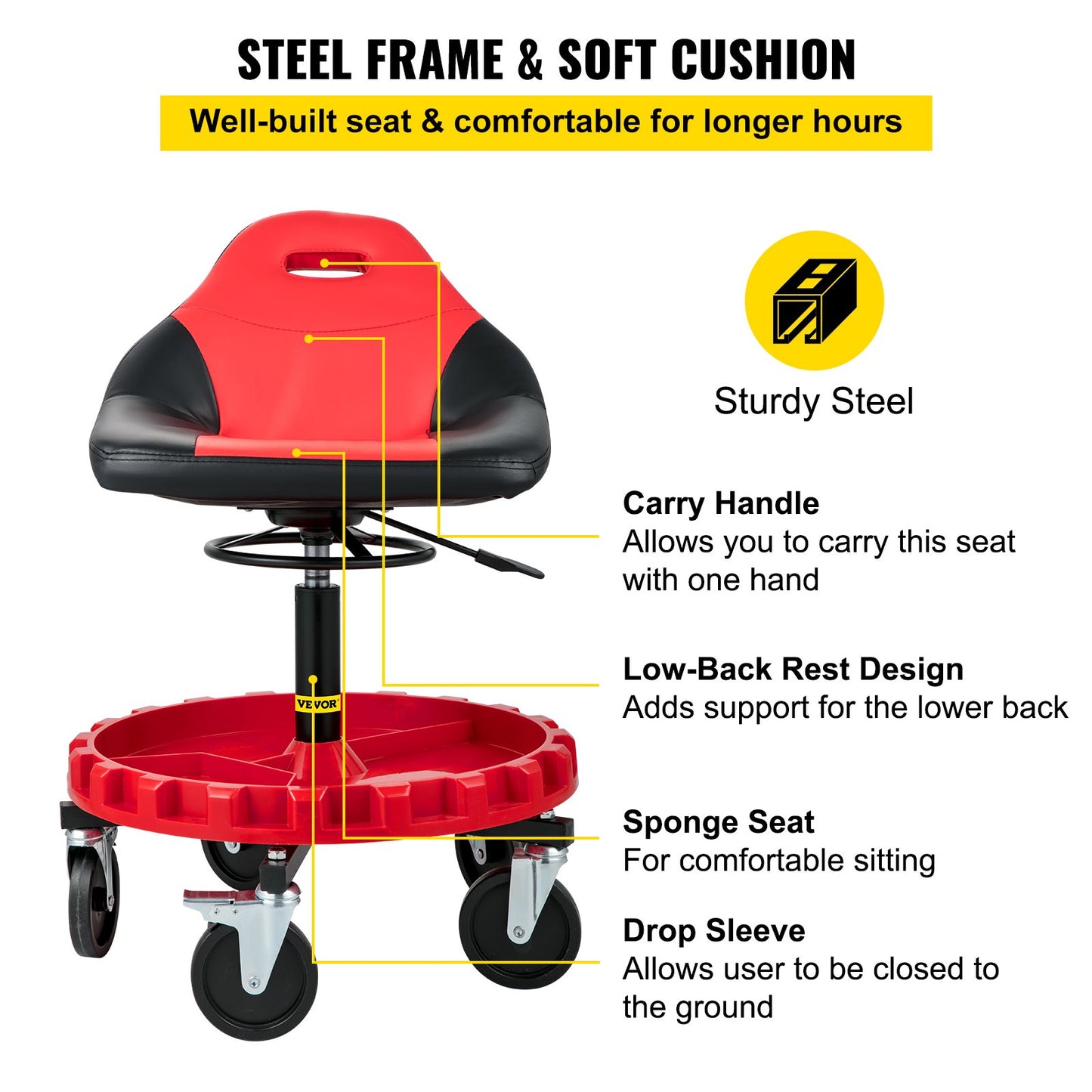 VEVOR Rolling Garage Stool 300LBS Adjustable Mechanic Work Shop Seat w/Casters
