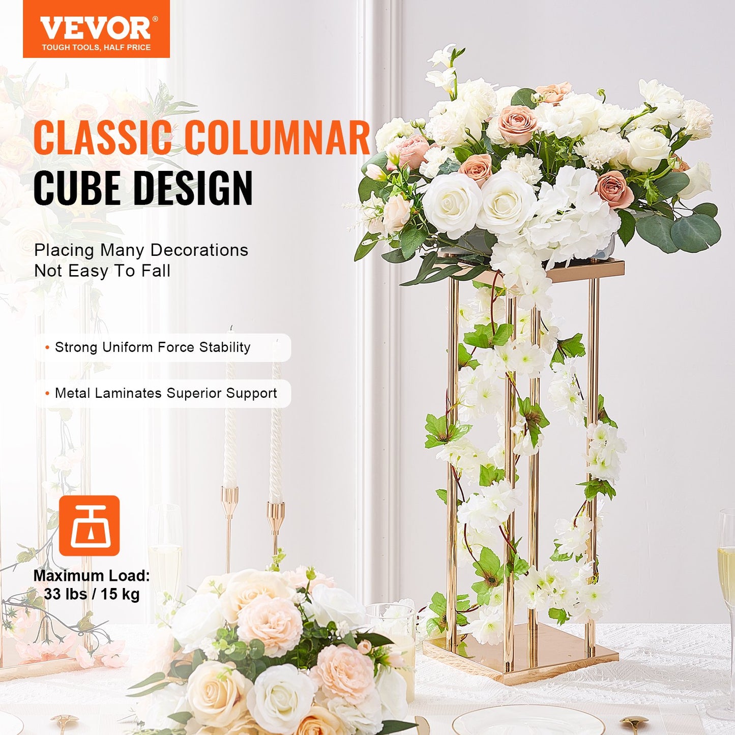 4PCS Gold Metal Column Wedding Flower Stand, 23.6inch /60cm High With Metal Laminate, Vase Geometric Centerpiece Stands, Cylindrical Floral Display Rack for Events Reception, Party Road Leads