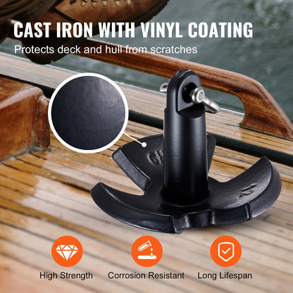 VEVOR River Anchor, 12 LBS Boat Anchor Cast Iron Black Vinyl-Coated with Shackle, Marine Grade Mushroom Anchor for Boats Up To 10 ft, Impressive Holding Power in River and Mud Bottom Lakes