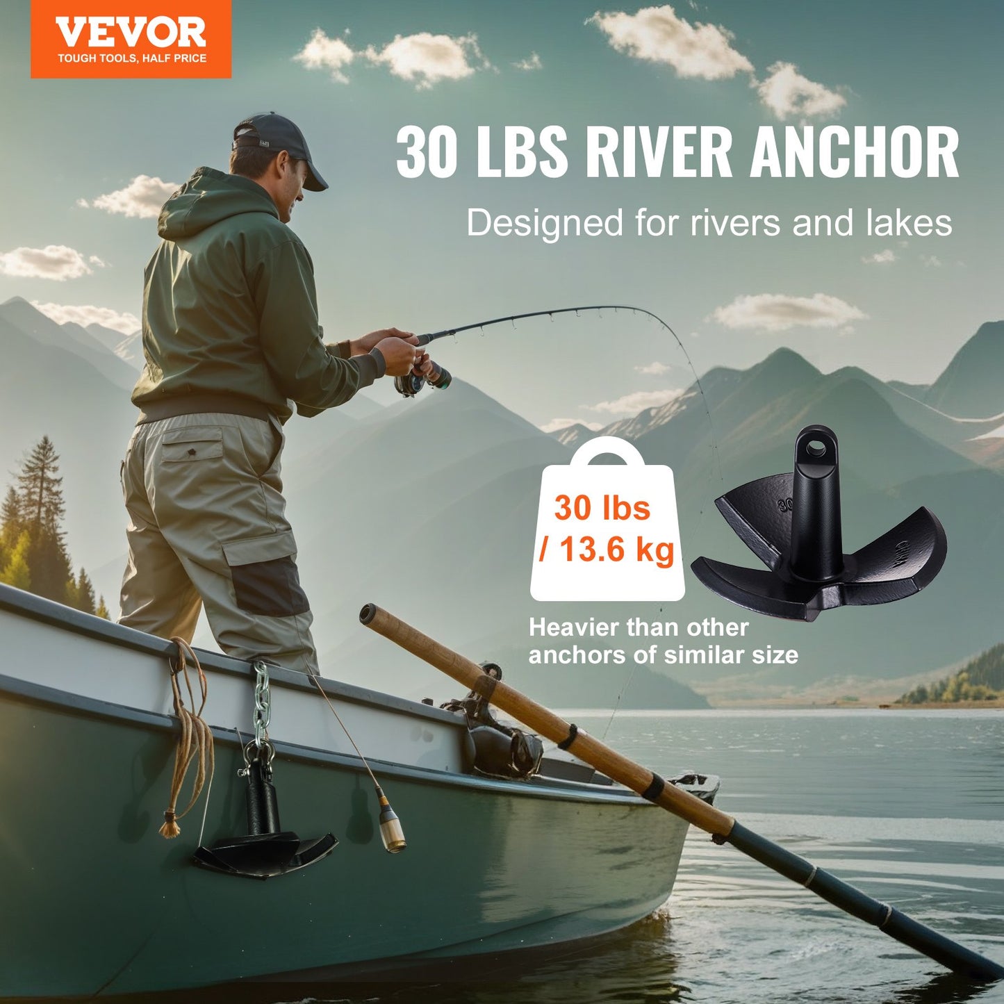 VEVOR River Anchor 30LB Boat Anchor Cast Iron Black Vinyl-Coated Mushroom Anchor