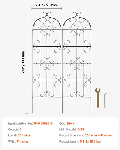 VEVOR 2 Packs Metal Garden Trellis for Climbing Plant Support 71x20 in Rustproof