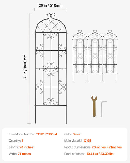 VEVOR 4 Packs Metal Garden Trellis for Climbing Plant Support 71x20 in Rustproof
