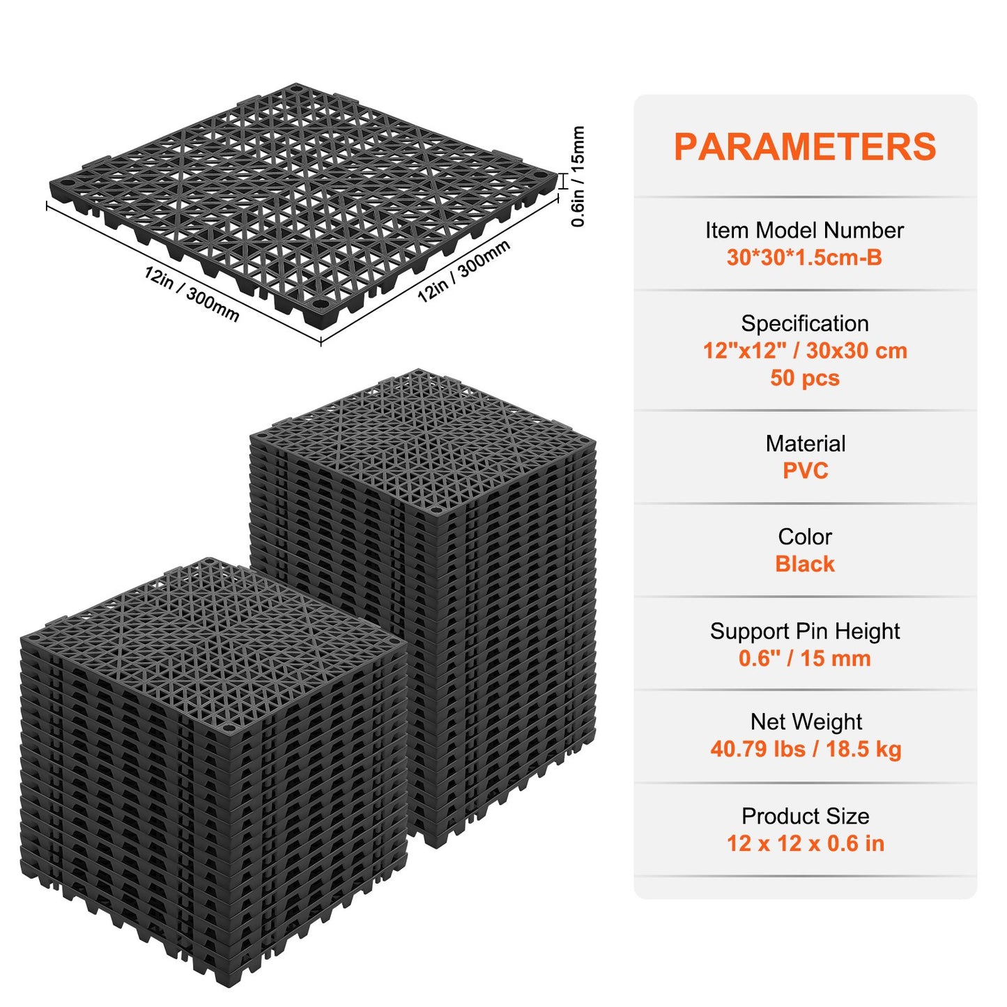 VEVOR Modular Interlocking Cushion, 50 Pack 30 x 30 cm Splicing Drainage Mats, PVC Interlocking Drainage Floor Tiles, Non-Slip Drainage Holes for Restroom, Bathroom, Kitchen, Pool, Wet Area, Black
