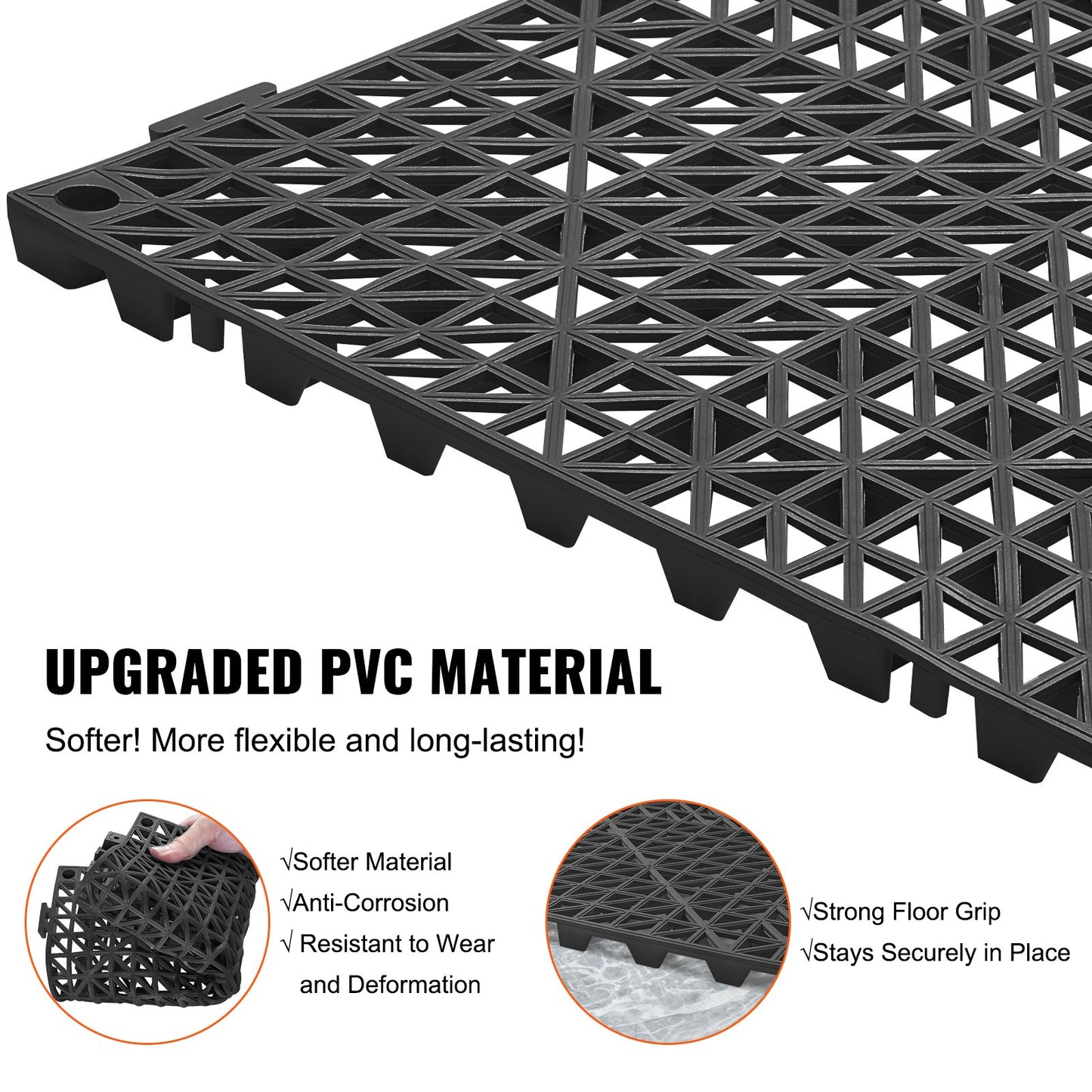 VEVOR Modular Interlocking Cushion, 55 Pack 30 x 30 cm Splicing Drainage Mats, PVC Interlocking Drainage Floor Tiles, Non-Slip Drainage Holes for Restroom, Bathroom, Kitchen, Pool, Wet Area, Black
