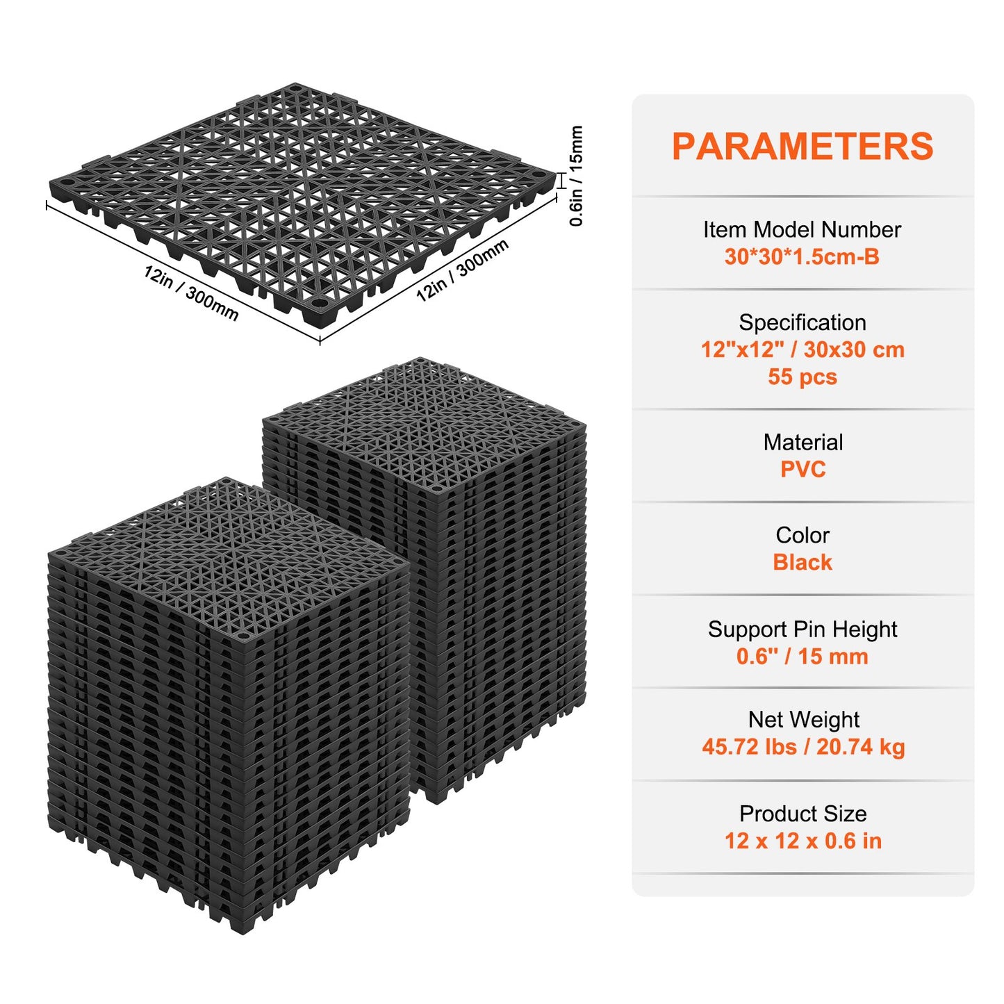 VEVOR Modular Interlocking Cushion, 55 Pack 30 x 30 cm Splicing Drainage Mats, PVC Interlocking Drainage Floor Tiles, Non-Slip Drainage Holes for Restroom, Bathroom, Kitchen, Pool, Wet Area, Black