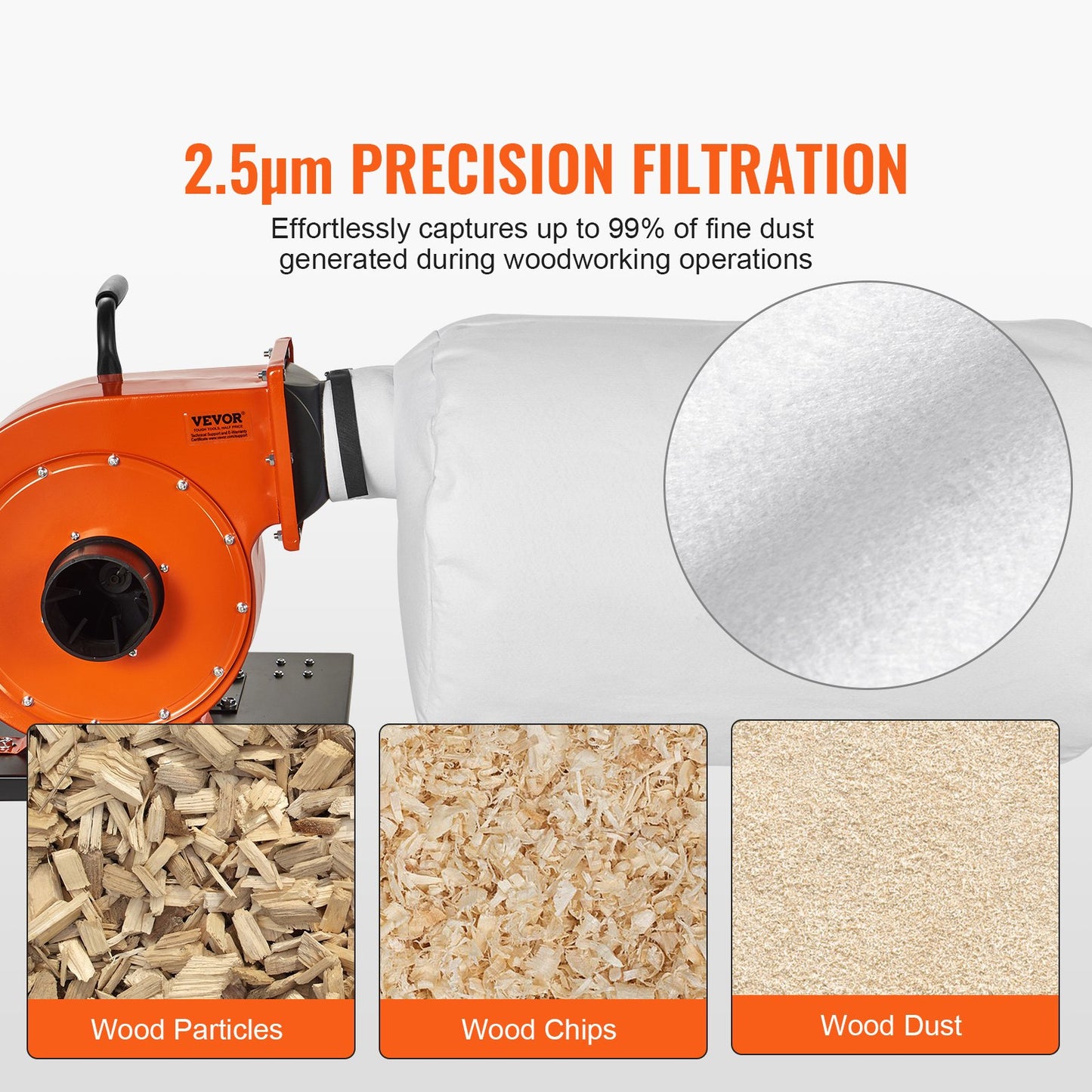 VEVOR Dust Collector, 1HP 460 CFM Air Flow, Rolling Dust Collector with 80L Large Dust Collection Bag, 2.5 Micron Bag Filtration, Industrial Workshop Mobile Wood Dust Container with Handle and Wheels