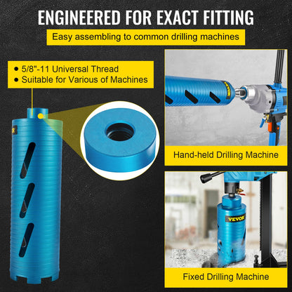 VEVOR Dry Core Drill Bit,  88.9 mm Diameter 11 Threaded, 241.3mm Depth Diamond Coring Bore Tool with a Pilot Bit &  Blade, Masonry Hole Saw Bits for Hard Concrete Brick